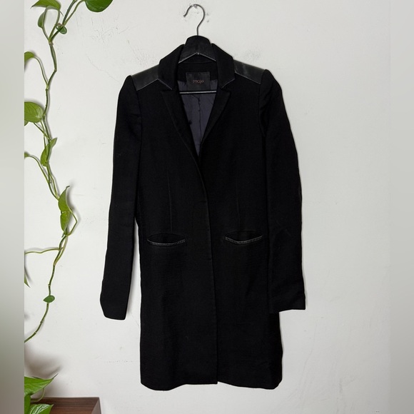 Maje Black Wool Trench Coat w/Black Leather details on Shoulders and Trim - Picture 3 of 13